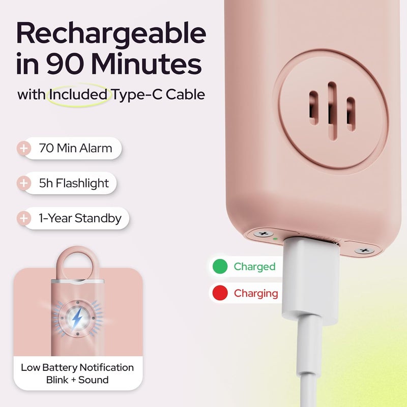 WETEN Personal Safety Alarm for Women - 130dB Loud Panic Siren Keychain 3 Pack - Rape Whistle - LED Light, Carabiner Clip, Low Battery Alert, USB-C Charging Self Defense Alarm (Black Pink Blue) - Image 4